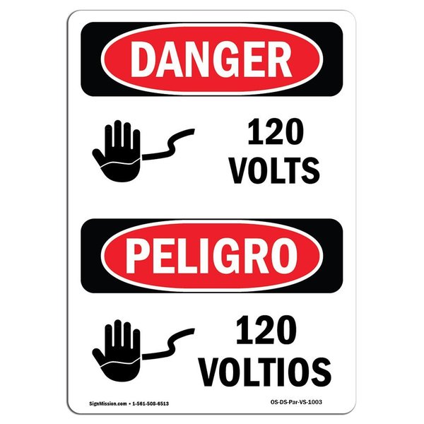 Signmission Safety Sign, OSHA Danger, 5" Height, 120 Volts, Bilingual Spanish OS-DS-D-35-VS-1003
